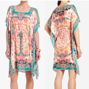 BCBGMAXAZRIA Iness Boho Kaftan Mini Knee Length
Printed Dress Pink Teal Size L